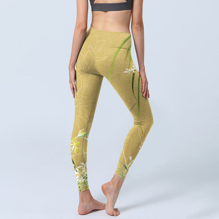 Buddha Stones Yellow Orchid Flowers Weeping Leaves Print Gym Leggings Women's Yoga Pants