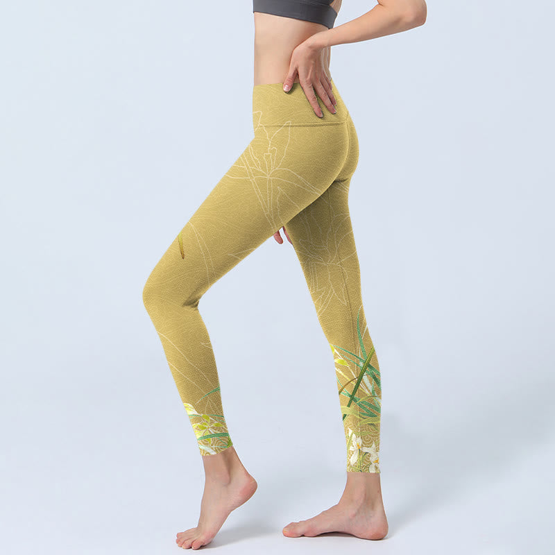 Buddha Stones Yellow Orchid Flowers Weeping Leaves Print Gym Leggings Women's Yoga Pants - image 3