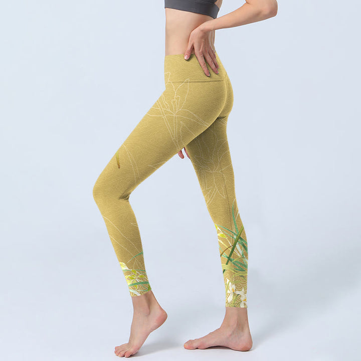 Buddha Stones Yellow Orchid Flowers Weeping Leaves Print Gym Leggings Women's Yoga Pants - image 3