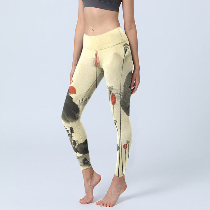 Buddha Stones Lotus Mountains House Print Gym Leggings Women's Yoga Pants - LightGoldenrodYellow - US18，UK/AU22，EU50 (4XL) - image 1