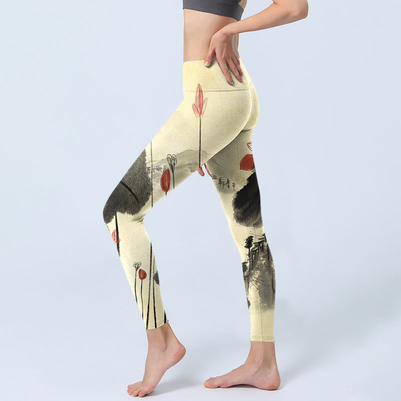 Buddha Stones Lotus Mountains House Print Gym Leggings Women's Yoga Pants