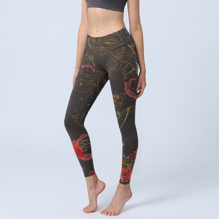 Buddha Stones Red Roses Print Gym Leggings Women's Yoga Pants - Black - US18，UK/AU22，EU50 (4XL) - image 0