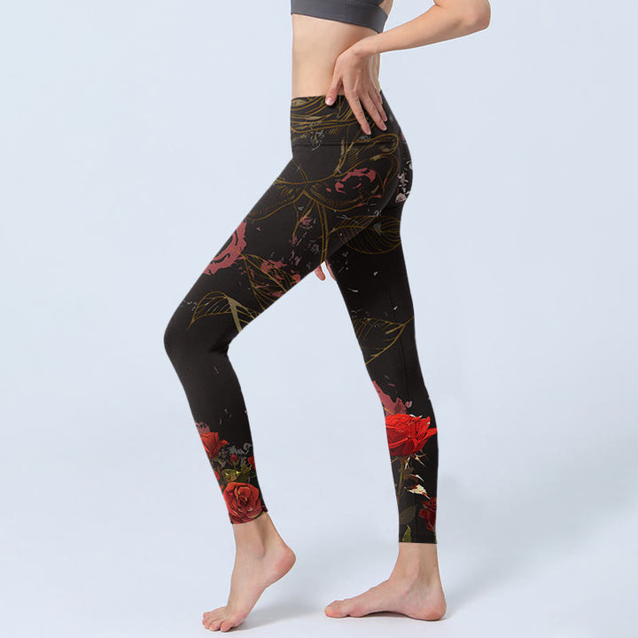 Buddha Stones Red Roses Print Gym Leggings Women's Yoga Pants - image 2