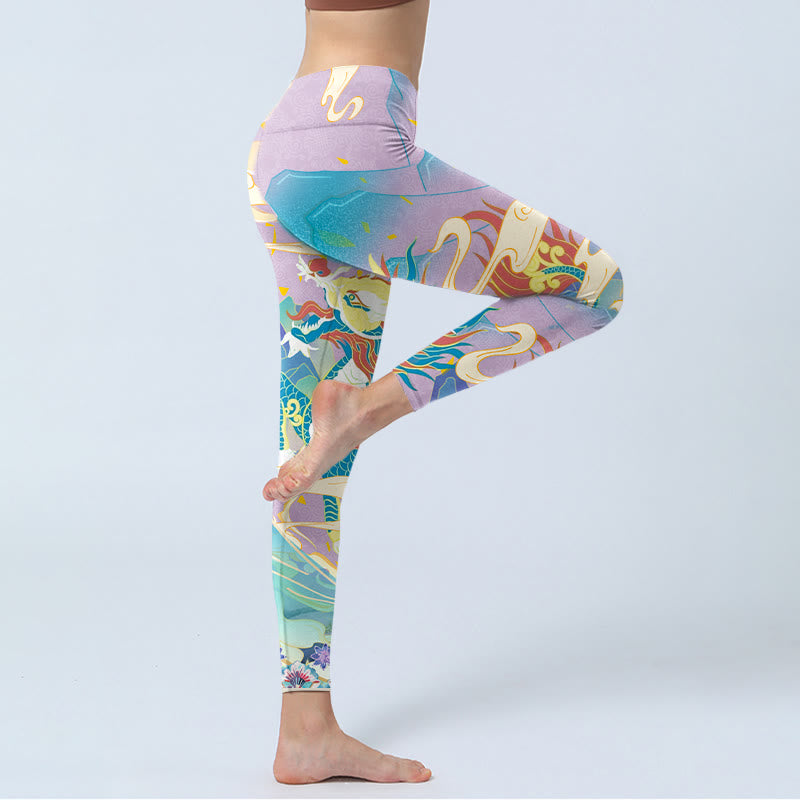 Buddha Stones Purple Dragon Auspicious Clouds Print Gym Leggings Women's Yoga Pants