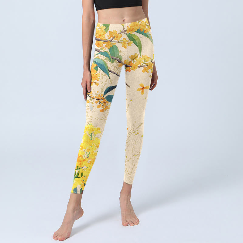 Buddha Stones Yellow Osmanthus Fragrans Rapeseed Print Gym Leggings Women's Yoga Pants