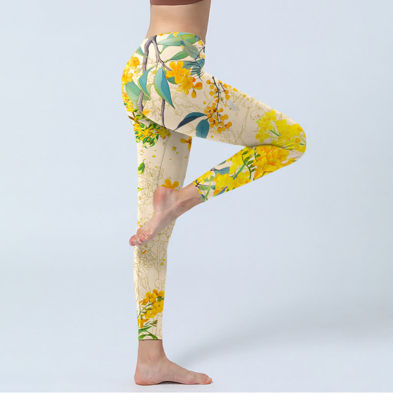 Buddha Stones Yellow Osmanthus Fragrans Rapeseed Print Gym Leggings Women's Yoga Pants - image 3