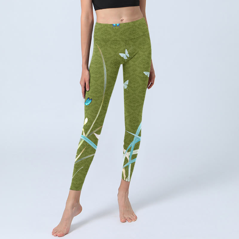 Buddha Stones Green Butterfly Orchid Flowers Print Gym Leggings Women's Yoga Pants