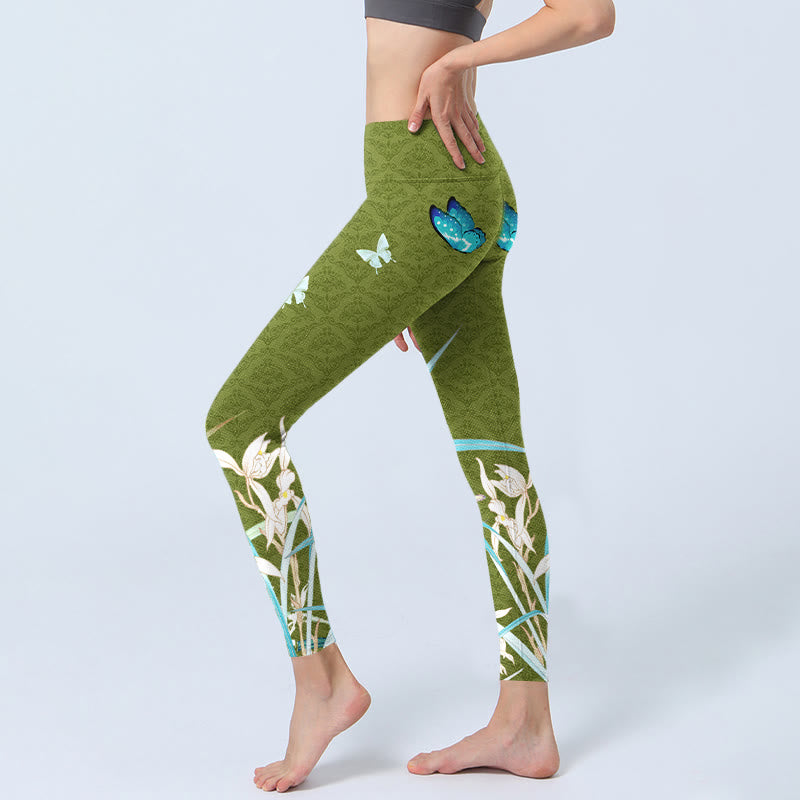 Buddha Stones Green Butterfly Orchid Flowers Print Gym Leggings Women's Yoga Pants