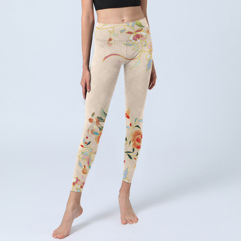 Buddha Stones Apricot Butterfly Peony Flowers Leaves Print Gym Leggings Women's Yoga Pants - image 6