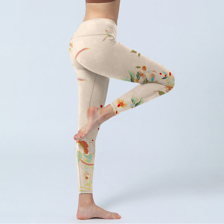 Buddha Stones Apricot Butterfly Peony Flowers Leaves Print Gym Leggings Women's Yoga Pants - image 4