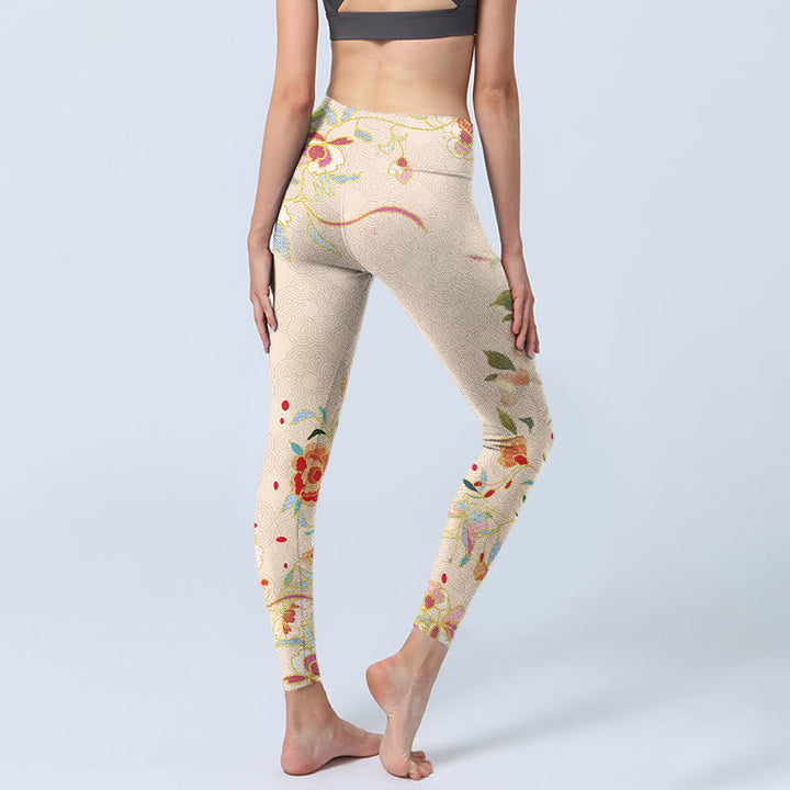 Buddha Stones Apricot Butterfly Peony Flowers Leaves Print Gym Leggings Women's Yoga Pants - image 3