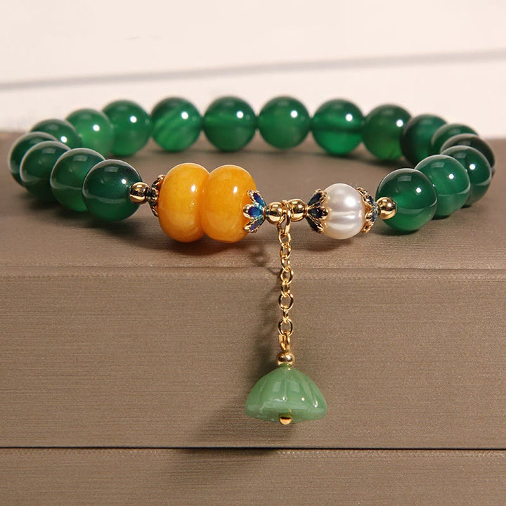 Buddha Stones Green Agate Amber Pearl Lotus Pod Support Bracelet