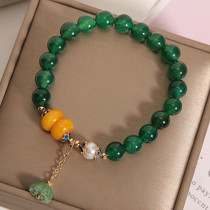 Buddha Stones Green Agate Amber Pearl Lotus Pod Support Bracelet