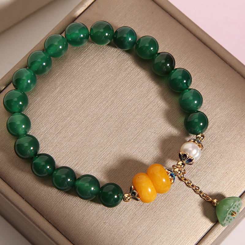 Buddha Stones Green Agate Amber Pearl Lotus Pod Support Bracelet