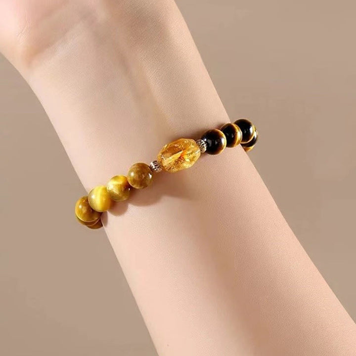 Buddha Stones Natural Yellow Black Tiger Eye Citrine Strength Bracelet