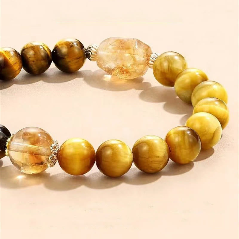 Buddha Stones Natural Yellow Black Tiger Eye Citrine Strength Bracelet