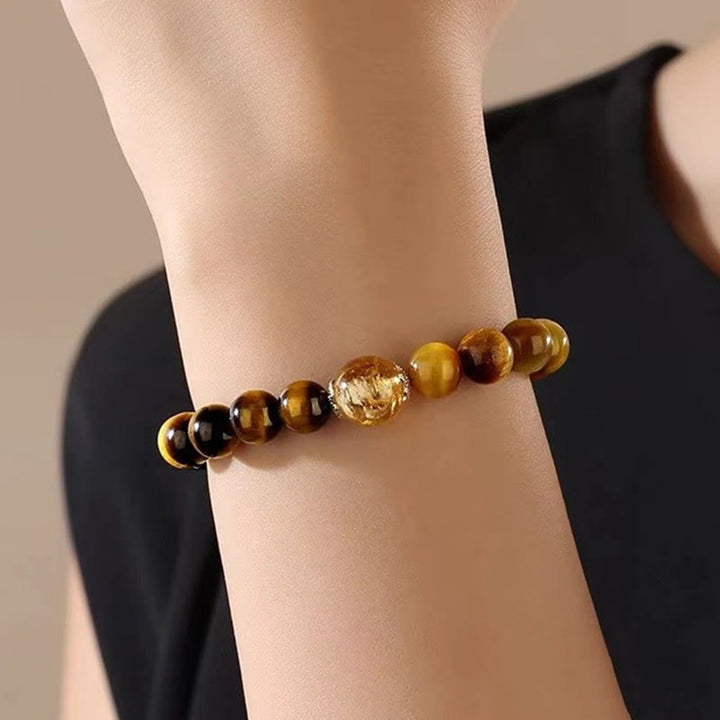 Buddha Stones Natural Yellow Black Tiger Eye Citrine Strength Bracelet