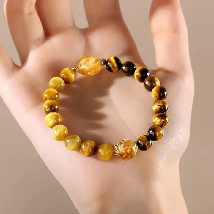 Buddha Stones Natural Yellow Black Tiger Eye Citrine Strength Bracelet