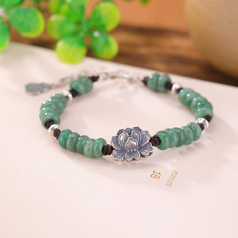 Buddha Stones 925 Sterling Silver Natural Jade Lotus Luck Peace And Joy Bracelet