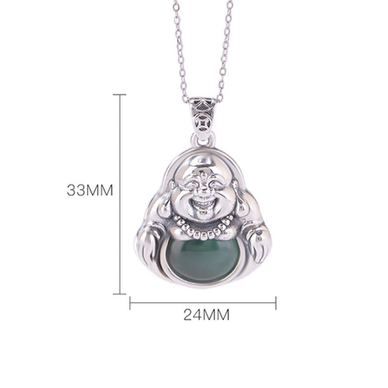 Buddha Stones 999 Sterling Silver Laughing Buddha Cyan Jade Lotus Success Necklace Chain Pendant