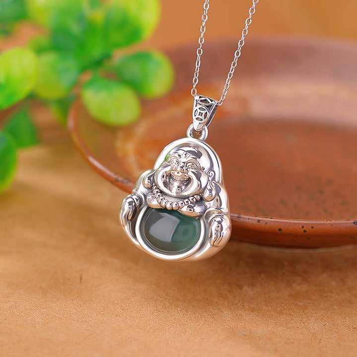 Buddha Stones 999 Sterling Silver Laughing Buddha Cyan Jade Lotus Success Necklace Chain Pendant