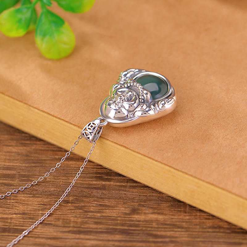 Buddha Stones 999 Sterling Silver Laughing Buddha Cyan Jade Lotus Success Necklace Chain Pendant