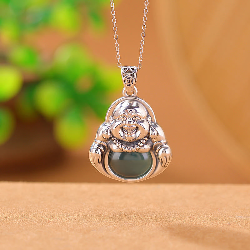 Buddha Stones 999 Sterling Silver Laughing Buddha Cyan Jade Lotus Success Necklace Chain Pendant