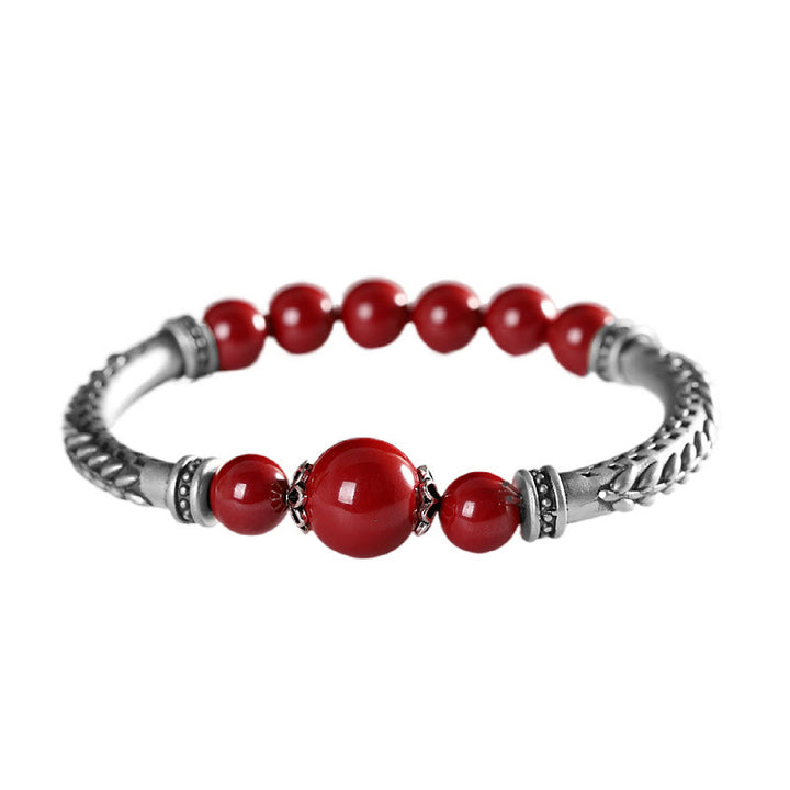 Buddha Stones 999 Sterling Silver Cinnabar Wheat Ears Blessing Bracelet Bangle