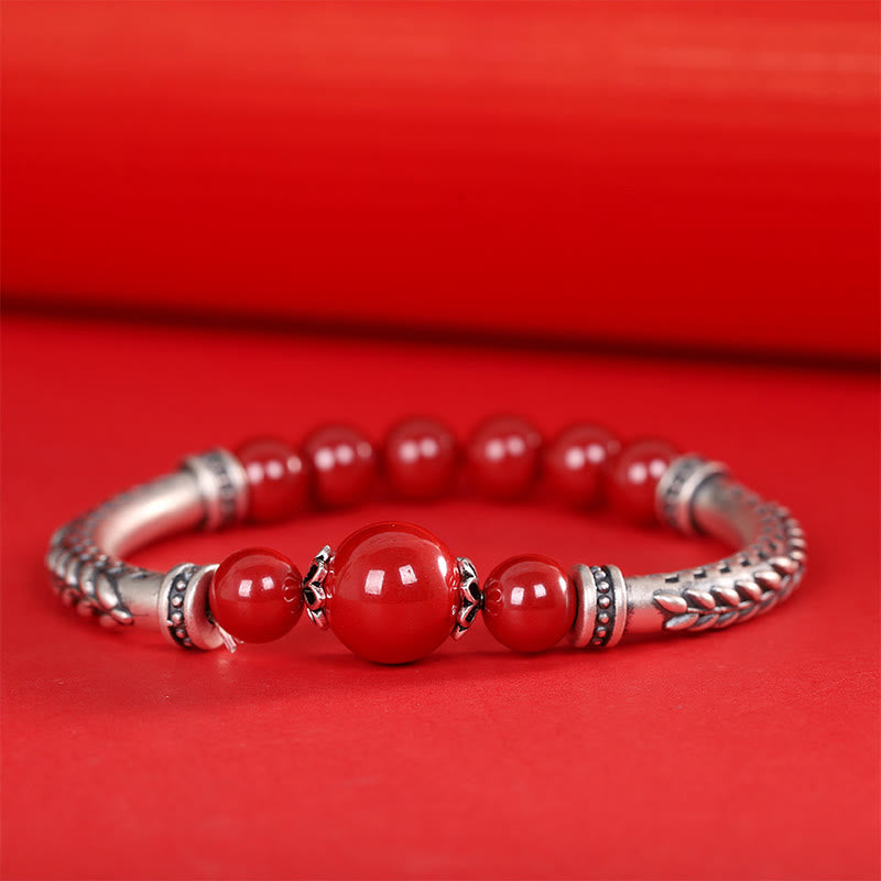 Buddha Stones 999 Sterling Silver Cinnabar Wheat Ears Blessing Bracelet Bangle - image 6