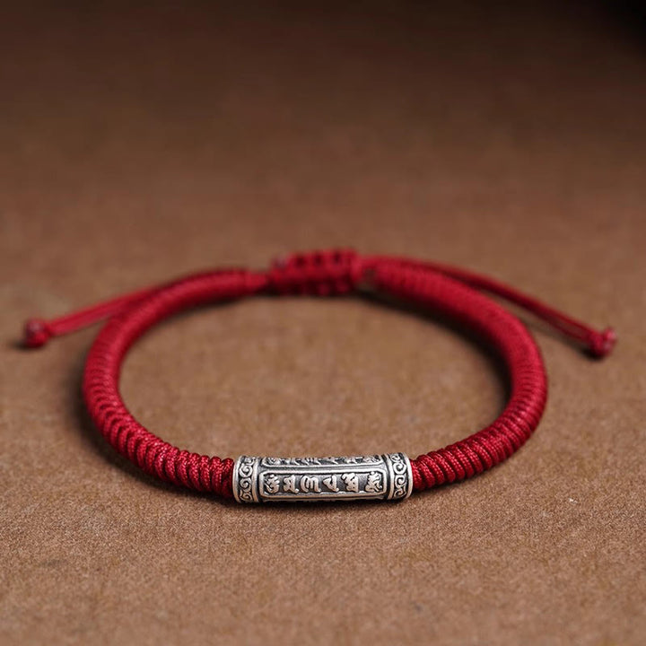 Buddha Stones Handmade 999 Sterling Silver Peace and Good Fortune Om Mani Padme Hum Luck Rope Bracelet - Dark Red(Wrist Circumference 14-20cm) - Om Mani Padme Hum - image 17