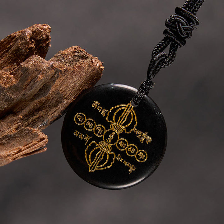 Buddha Stones Vajra Dorje Sanskrit Pattern Natural Various Crystal Black Obsidian Fulfilment Necklace Pendant - image 2
