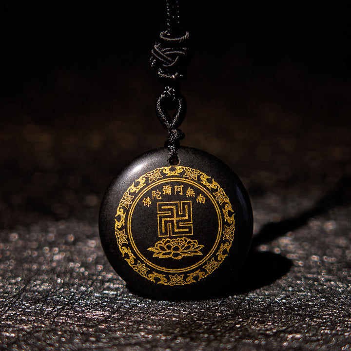 Buddha Stones Swastika Lotus Pattern Natural Various Crystal Black Obsidian Purification Necklace Pendant