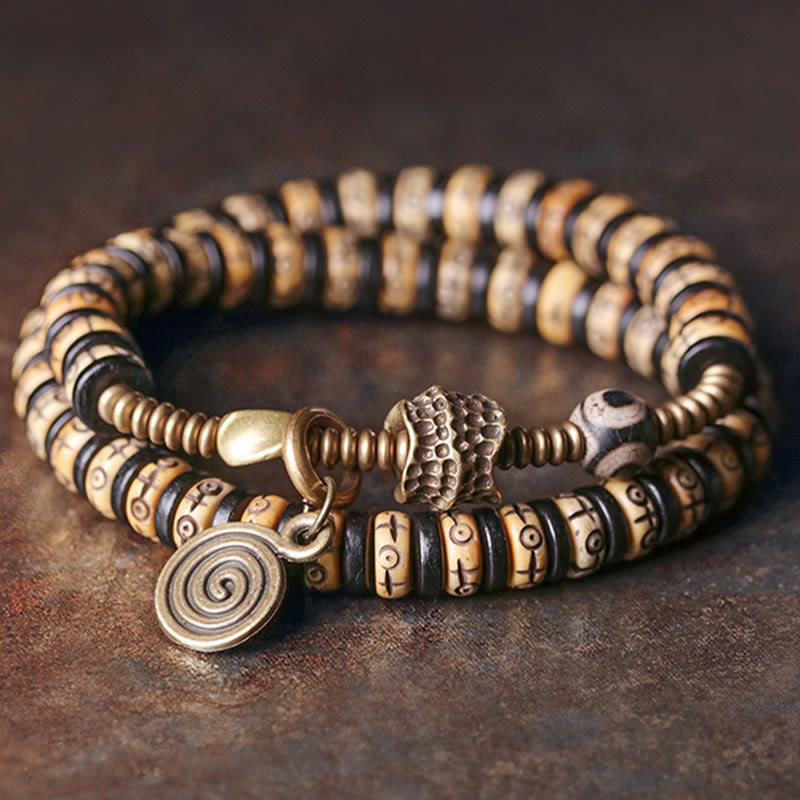 Buddha Stones Yak Bone Ebony Wood Copper Brass Strength Double Wrap Bracelet