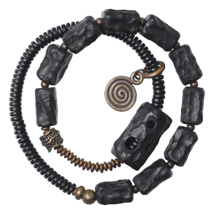 Buddha Stones Ebony Wood Copper Brass Red Agate Peace Double Wrap Bracelet