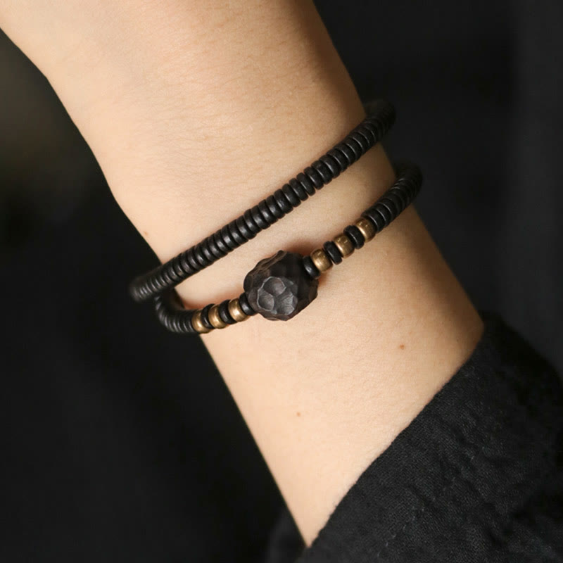 Buddha Stones Ebony Wood Copper Brass Peace Double Wrap Bracelet