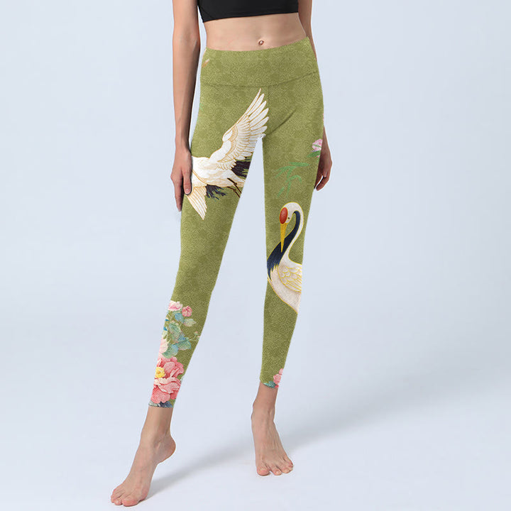 Buddha Stones Hibiscus Birds Bamboo Print Gym Leggings Women's Yoga Pants