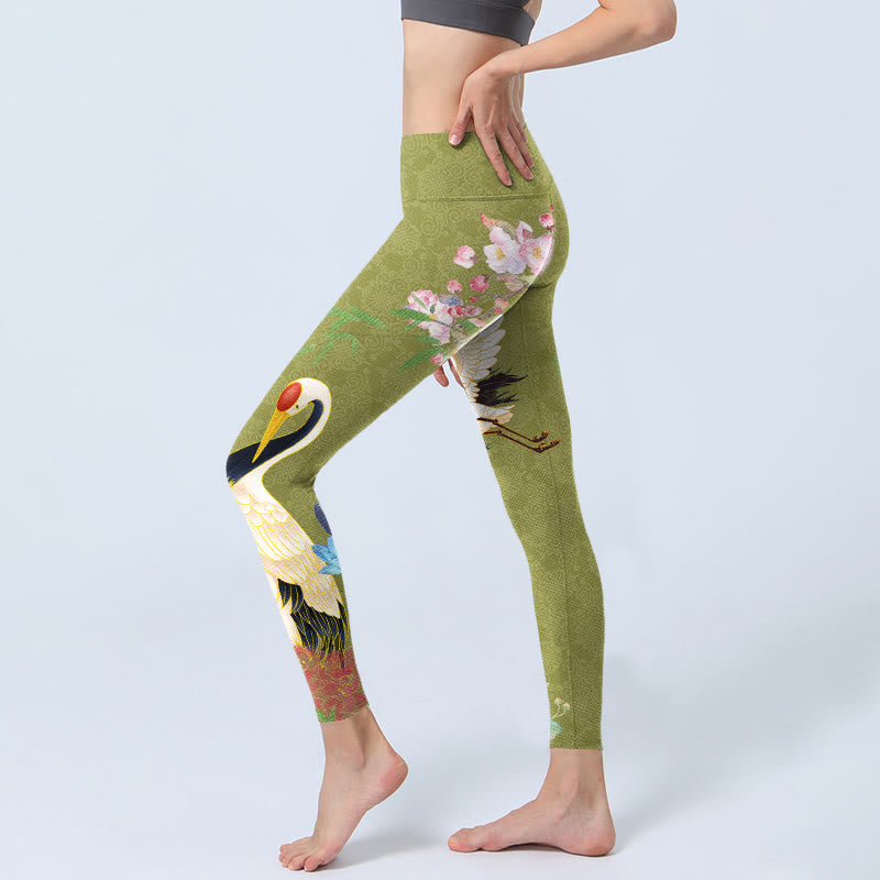 Buddha Stones Hibiscus Birds Bamboo Print Gym Leggings Women's Yoga Pants