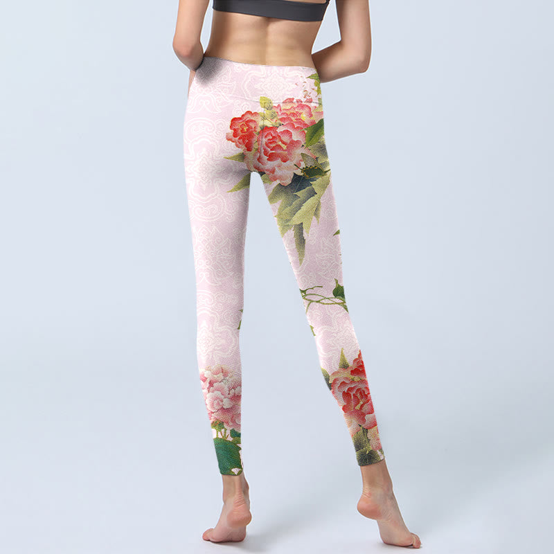 Buddha Stones Hibiscus Flowers And Leaves Print Gym Leggings Women's Yoga Pants