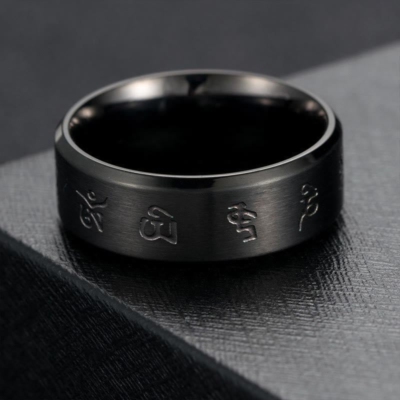 Buddha Stones Black Jambhala Mantra Titanium Steel Balance Ring