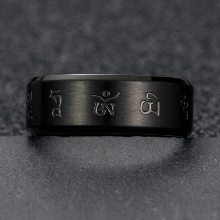 Buddha Stones Black Jambhala Mantra Titanium Steel Balance Ring