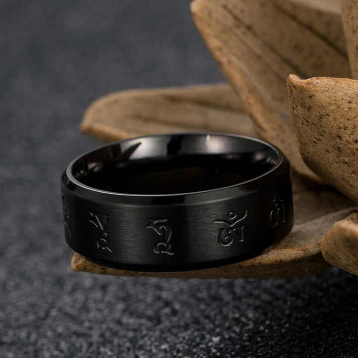 Buddha Stones Black Jambhala Mantra Titanium Steel Balance Ring