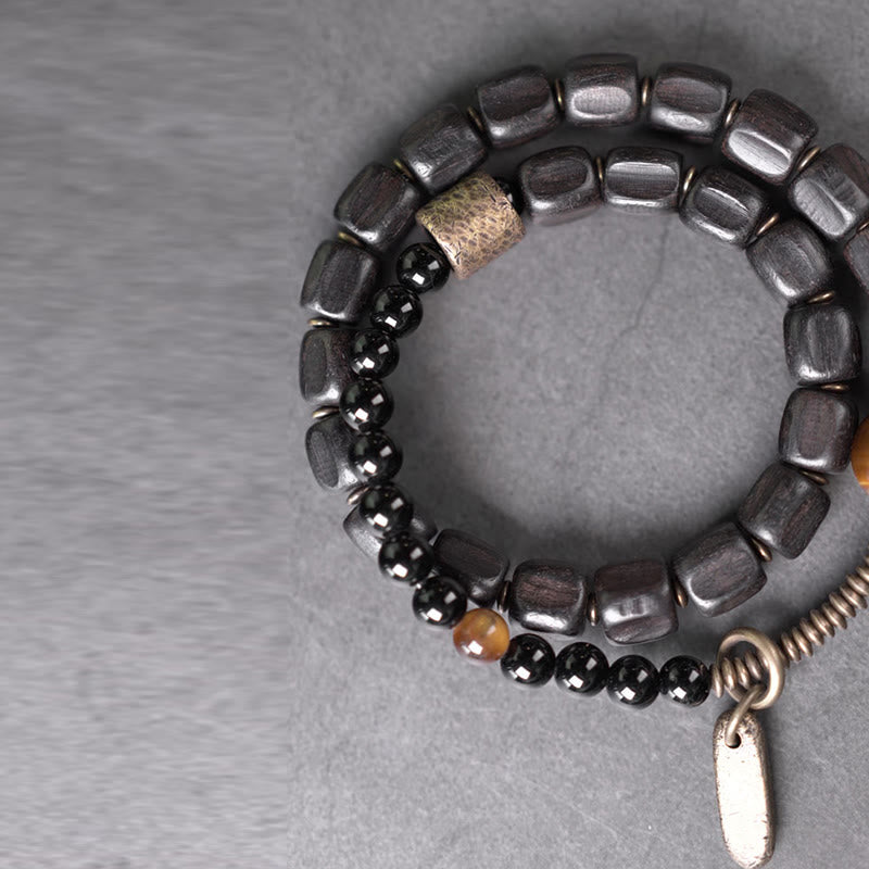 Buddha Stones Ebony Wood Copper Brass Tiger Eye Peace Double Wrap Bracelet