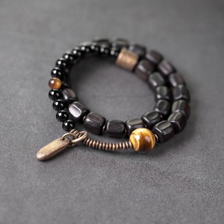 Buddha Stones Ebony Wood Copper Brass Tiger Eye Peace Double Wrap Bracelet