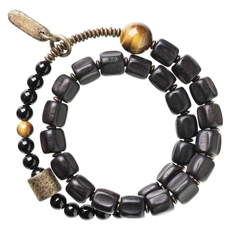 Buddha Stones Ebony Wood Copper Brass Tiger Eye Peace Double Wrap Bracelet