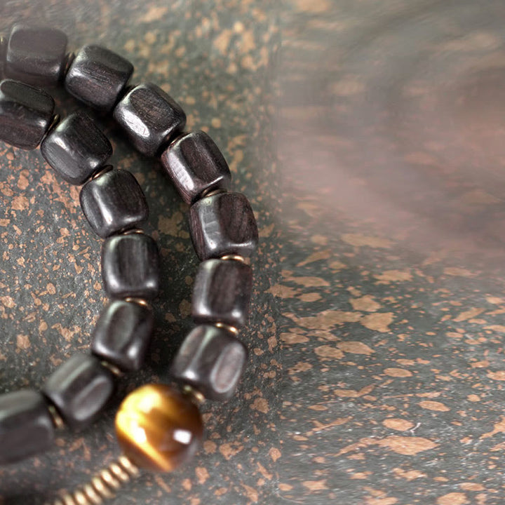 Buddha Stones Ebony Wood Copper Brass Tiger Eye Peace Double Wrap Bracelet