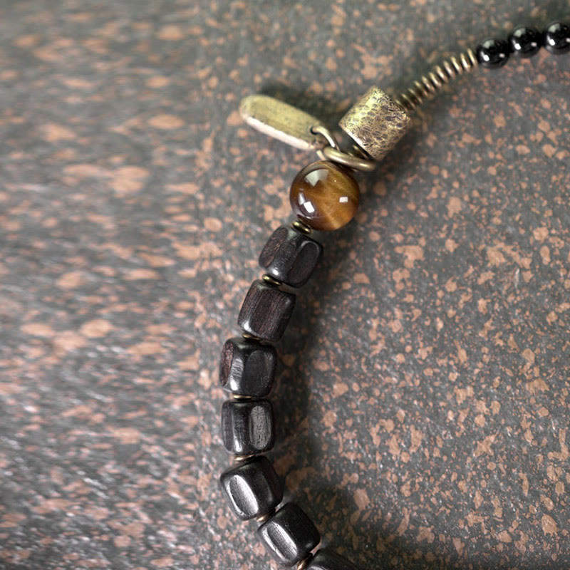 Buddha Stones Ebony Wood Copper Brass Tiger Eye Peace Double Wrap Bracelet