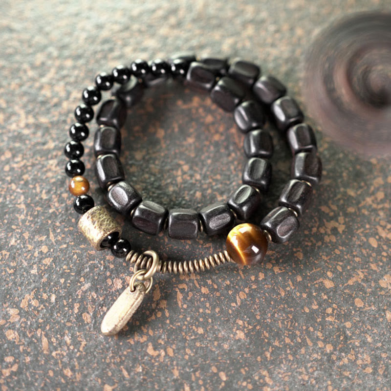 Buddha Stones Ebony Wood Copper Brass Tiger Eye Peace Double Wrap Bracelet