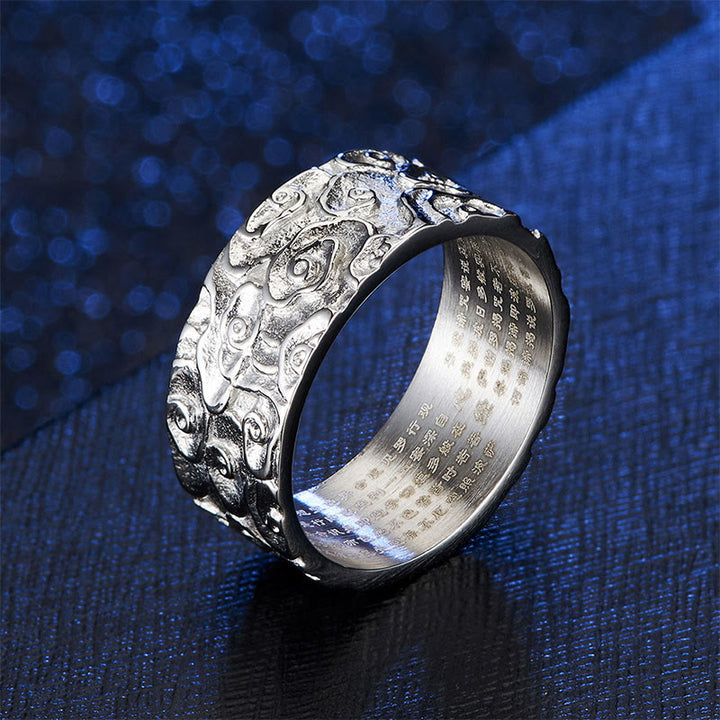 Buddha Stones Auspicious Clouds Engraved Heart Sutra Pattern Titanium Steel Calm Ring