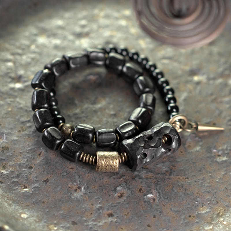 Buddha Stones Ebony Wood Black Obsidian Copper Brass Peace Double Wrap Bracelet