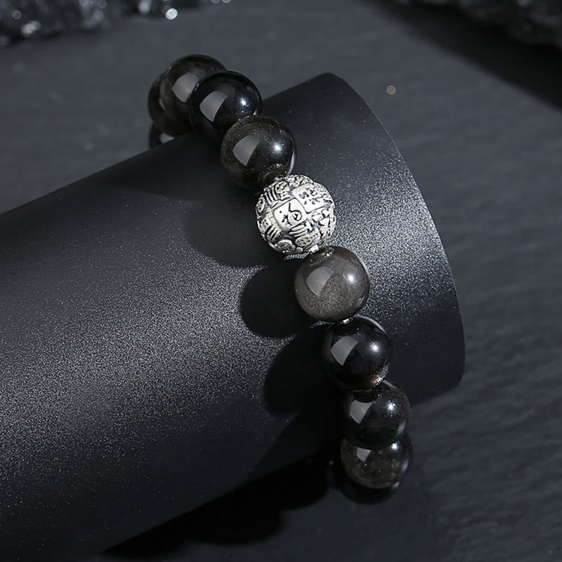 Buddha Stones Black Obsidian 999 Sterling Silver Purification Fu Character Transformation Bracelet - image 3